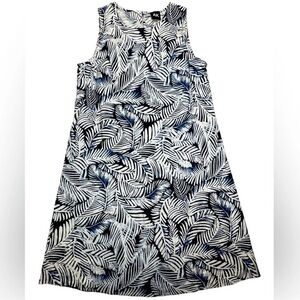 Anne Klein Blue & White Linen Blend Palm Print Dress M